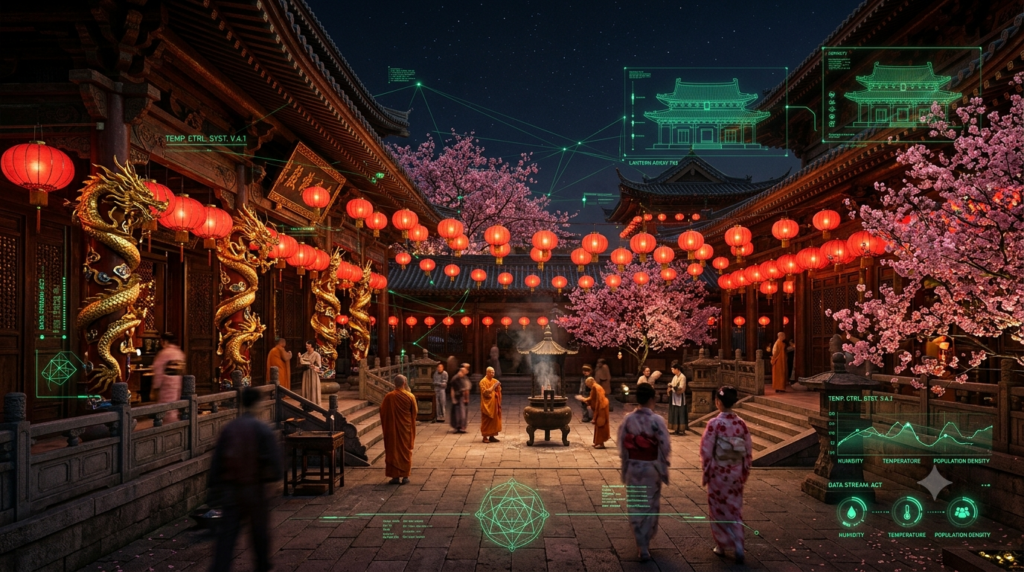 Ilustrasi ulasan fenomena slot online bertema budaya Asia yang menampilkan lampion merah, naga emas, dan antarmuka analitik digital
