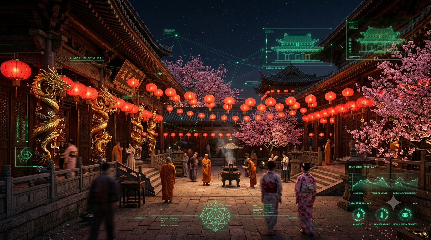 Ilustrasi ulasan fenomena slot online bertema budaya Asia yang menampilkan lampion merah, naga emas, dan antarmuka analitik digital