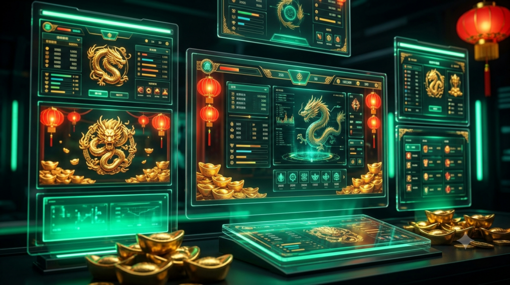 Infografis analisis slot bertema keberuntungan asia yang menampilkan ornamen naga emas, koin keberuntungan, dan latar warna merah khas oriental