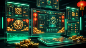 Infografis analisis slot bertema keberuntungan asia yang menampilkan ornamen naga emas, koin keberuntungan, dan latar warna merah khas oriental